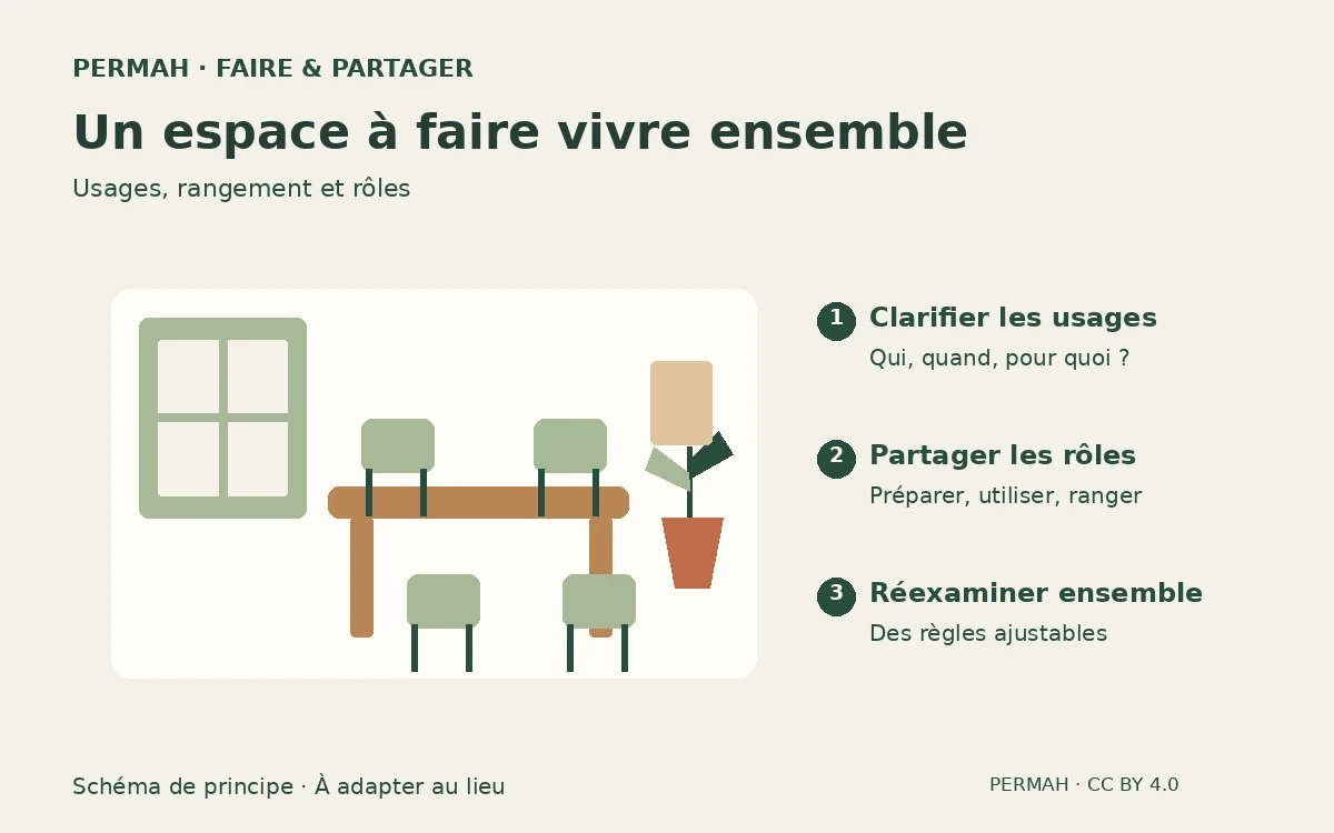 Schéma de principe : Créer un espace commun dans un habitat partagé : des usages avant les achats