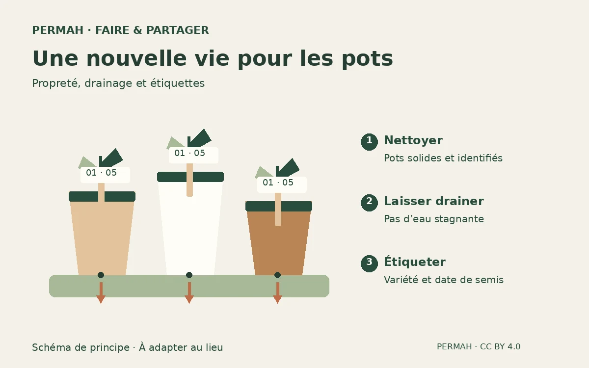 Schéma de principe : Préparer ses semis avec des contenants réutilisés